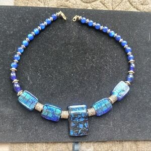 Blue art glass statement necklace EUC